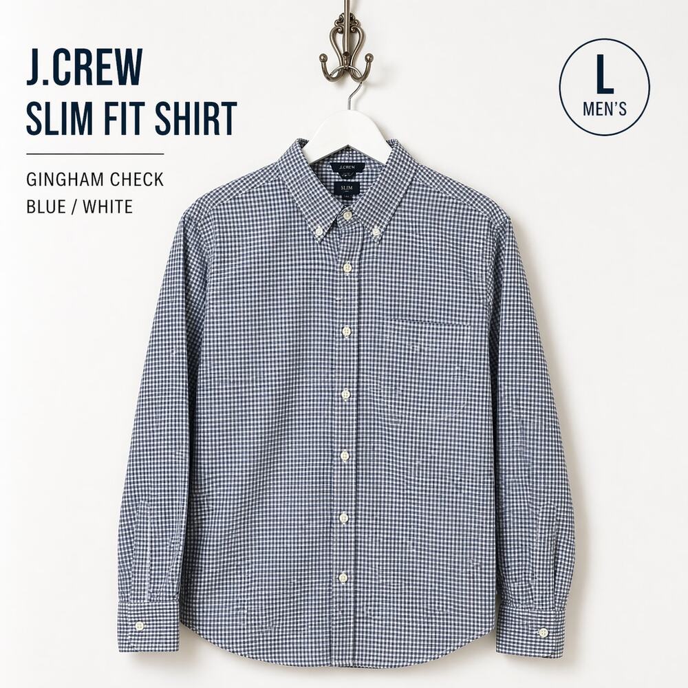 J.Crew Slim Fit Gingham Shirt Mens Large Blue White Button Down Cotton